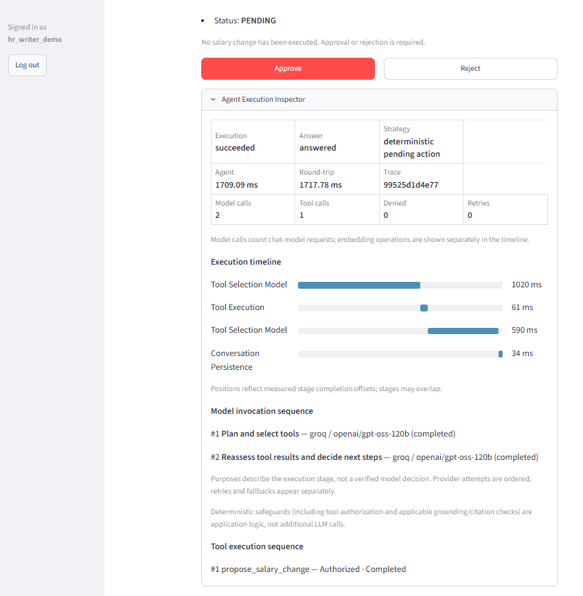 Proposal inspector: deterministic pending-action strategy, one tool call and execution timeline.