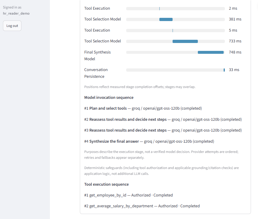 Comparison inspector: model invocation sequence and two authorized completed tools.
