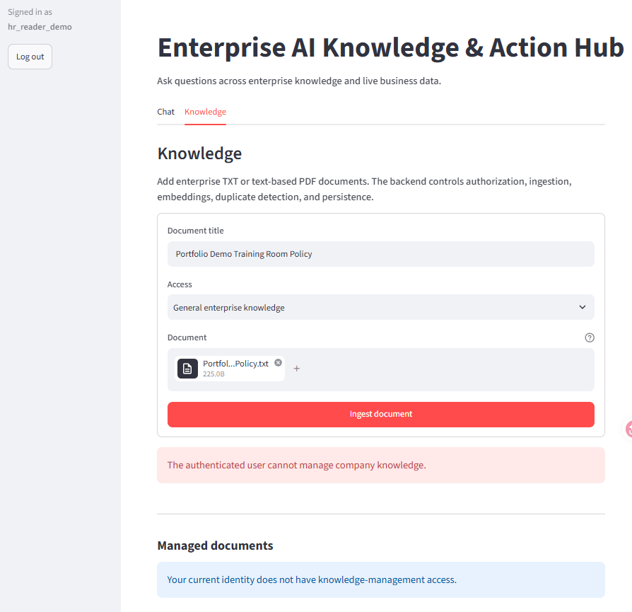 Signed-in hr_reader_demo account: knowledge upload denied.